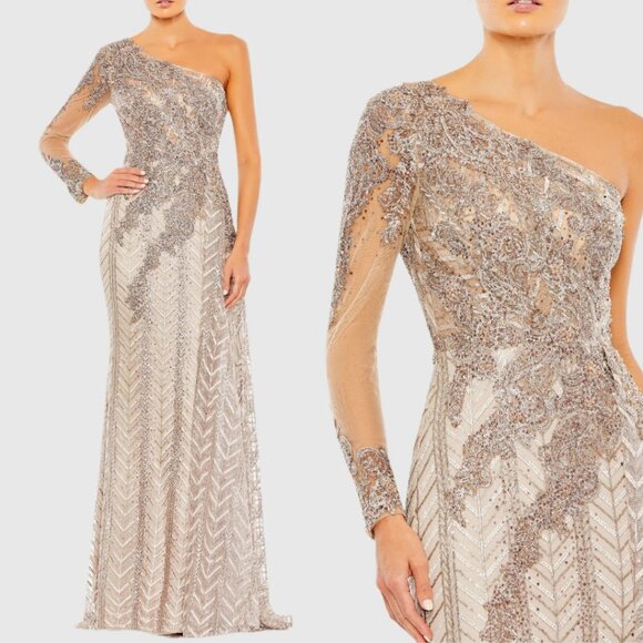 Mac Duggal 20401 Size 8 Beige Beaded Embellished One Shoulder A Line Gown Dress - Picture 1 of 15
